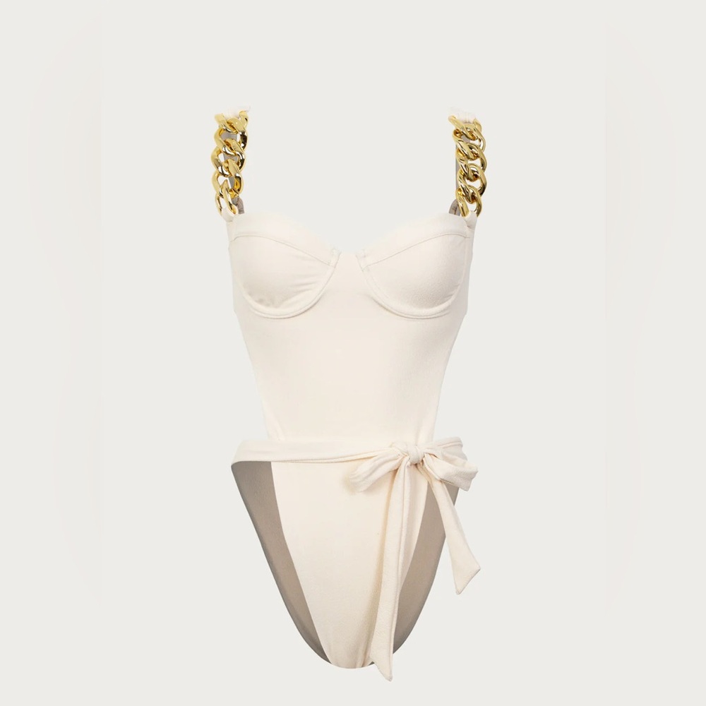 ✨SOLD✨ SAME Los Angeles swimwear. Gold chain one piece in faux suede cream